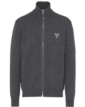 Prada Logo Embroidered Full-Zipped Knit Cardigan - Grey