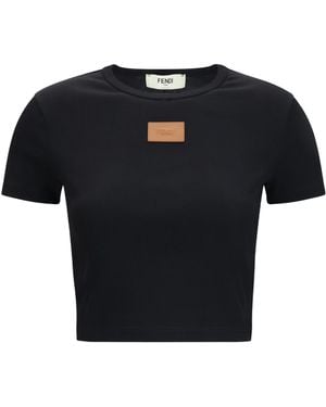 Fendi Cropped Ribbed Logo-Patch T-Shirt - Black