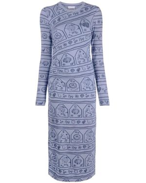 Ganni Zodiac Logo-Print Stretch-Jersey Dress - Blue