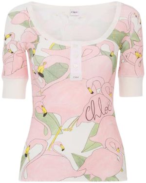 Chloé Chloé Short-Sleeved Logo Henley Shirt - Pink