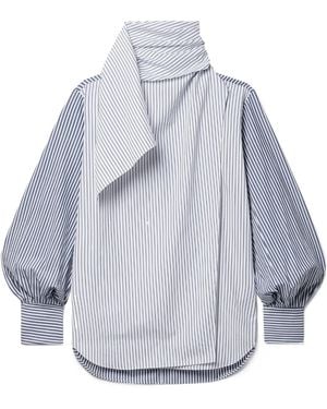 Adam Lippes Foulard Draped Striped Cotton-Poplin Turtleneck Blouse - Gray