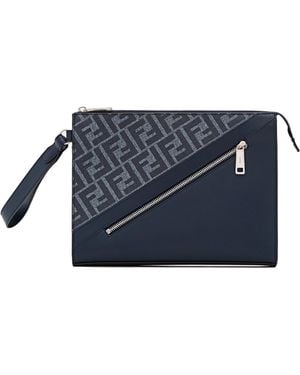 Fendi Ff Jacquard Panelled Zipped Clutch Bag - Blue