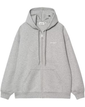 Carhartt Logo Embroidered Zip-Up Drawstring Hoodie - Grey