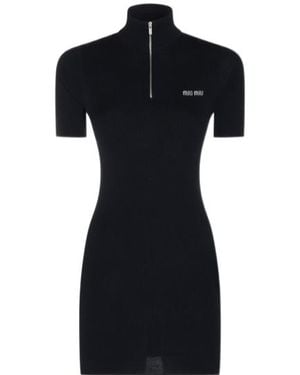 Miu Miu Ribbed-Knit Logo-Embroidered Mini Dress - Black