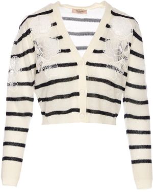 Twinset Striped Lace-Detail Cardigan - White
