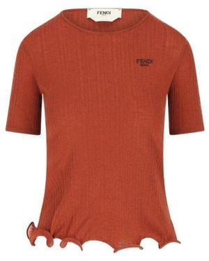 Fendi Ribbed Knit Crew Neck Top With Wave Hem And Logo Embroidery - Orange