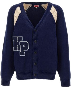 KENZO Logo Patch Knitted V-Neck Cardigan - Blue