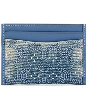 COACH Embellished Denim And Leather Card Holder - Blue