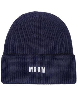 MSGM Logo Embroidered Knitted Beanie - Blue