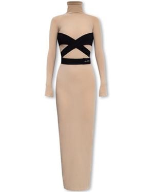 Alaïa Alaïa Logo Embroidered Long-Sleeved Midi Dress - Natural