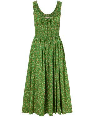 Doen Emmaretta Shirred Floral-Print Organic Cotton Midi Dress - Green