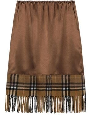 Burberry Chic Satin Midi Skirt With Fringe Check Panel - Brown