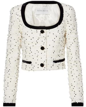 Nina Ricci Polka-Dot Fringed Wool-Blend Tweed Jacket - White