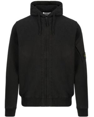 Stone Island Logo Patch Zipped Hoodie - Black