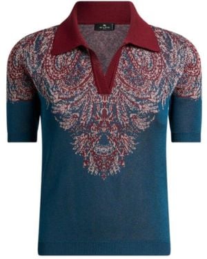 Etro Pattern-Jacquard Knitted Polo Shirt - Blue