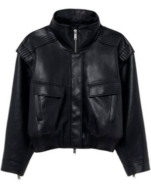 Self-Portrait Faux Leather Bomber Jacket - Black