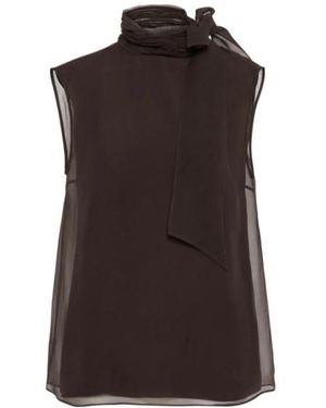 Brunello Cucinelli Silk Pussybow Sleeveless Top - Brown