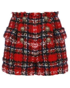 Balmain Frayed Check Tweed Shorts - Red