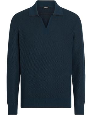 ZEGNA Long-Sleeved Knitted Polo Shirt - Blue