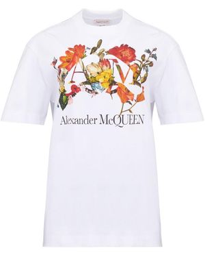 McQueen Dutch Flower Logo-Prined Crewneck T-Shirt - White