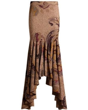 Etro Ribbed Wool Maxi Skirt With Floral Motif - Brown