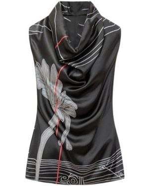 Ferragamo Graphic Printed Draped-Neck Sleeveless Top - Black