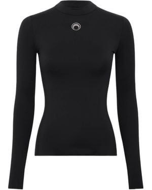 Marine Serre Moon Logo Strass Jersey Ls Highneck Top - Black