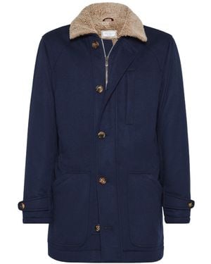 Brunello Cucinelli Cashmere And Vicu?A Coat With Shearling Lining - Blue