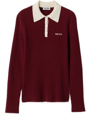 Miu Miu Long-Sleeved Knitted Polo Shirt - Red