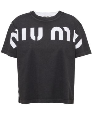 Miu Miu Printed Cotton T-Shirt - Black