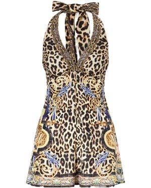CAMILLA Embellished Printed Silk Halterneck Playsuit - White