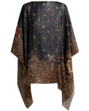 Etro Silk Poncho Top With Striped Animal And Floral Paisley Motif - Black