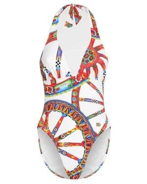 Dolce & Gabbana Carretto-Print One-Piece Swimsuit - White