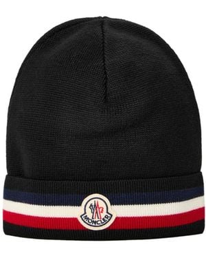 Moncler Striped Ribbed Knit Beanie - Black