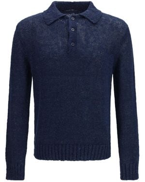 sunflower Textured Knit Long-Sleeved Polo Shirt - Blue