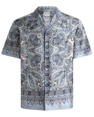 Etro Silk Bowling Shirt With Placed Pocket-Square Paisley Print - Blue