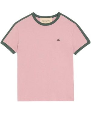 Valentino Cotton T-Shirt With Crew Neck, Contrasting Side Bands And Vlogo Embroidery - Pink