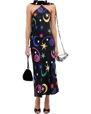 RIXO London Star And Moon Print Halter Midi Dress - Blue