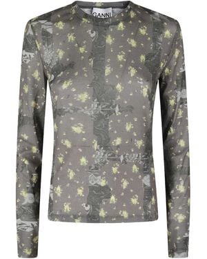 Ganni Marl Mesh Printed Long-Sleeve Top - Gray