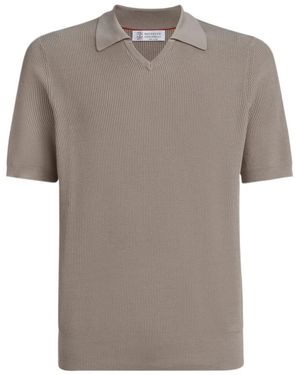 Brunello Cucinelli Fine-Knitted Ribbed Polo Shirt - Grey