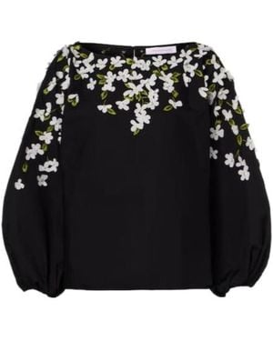 Carolina Herrera Floral-Appliqué Cotton-Blend Top - Black