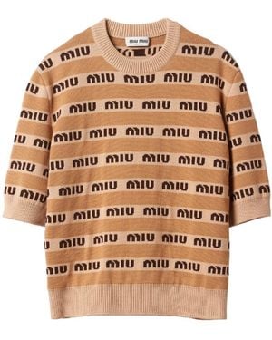 Miu Miu Logo-Intarsia Short-Sleeve Wool Sweater - Natural