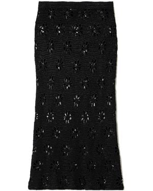 Calle Del Mar Crochet Midi Skirt With Floral Motifs - Black