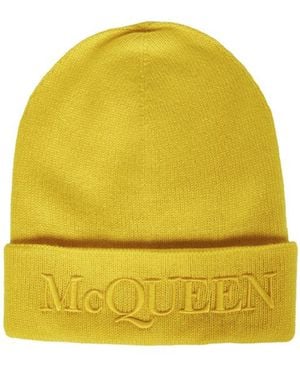 McQueen Logo Embroidered Turn-Up Brim Beanie - Yellow