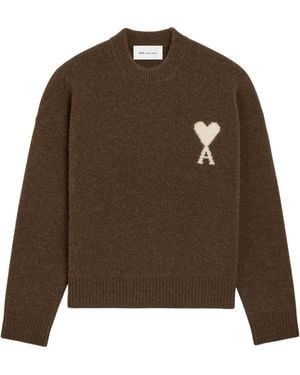 Ami Paris Ami Logo Detailed Crewneck Jumper - Brown