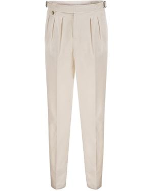 Brunello Cucinelli Tailored Cotton Trousers With Pleats And Side Adjusters - Natural