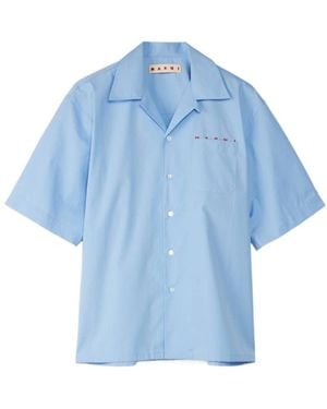 Marni Logo Printed Poplin Bowling Shirt - Blue
