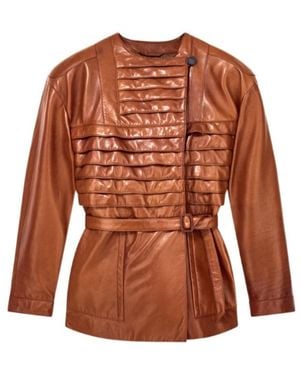 Giorgio Armani Pleated Belted Leather Jacket - Brown