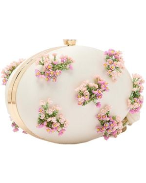 Self-Portrait Oval Floral Bead-Embellished Satin Clutch - Pink