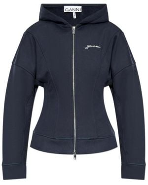Ganni Logo Embroidered Zipped Hoodie - Blue